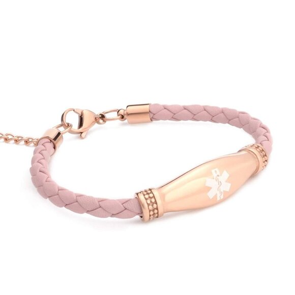 NEW! No BP IV Needles or Lymphedema PINK Leather Rose Gold Stainless Bracelet - Picture 1 of 2